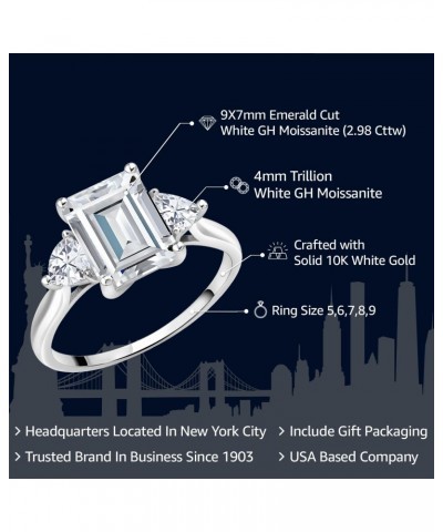 10K White Gold White Moissanite 3 Stone Engagement Ring For Women (2.98 Cttw, Emerald Cut 9X7MM, Trillion 4MM, Available In S...