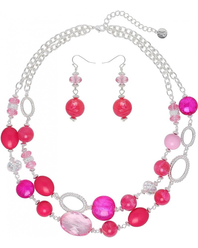 Women's Beaded 2 Layer Strand Statement Necklace with Earrings Collar Jewelry Set (N0003) Fuchsia $11.20 Necklaces