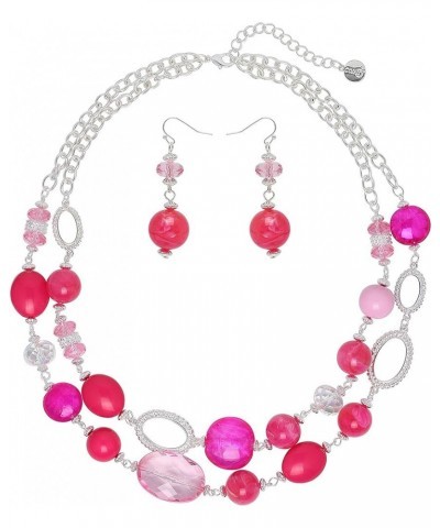 Women's Beaded 2 Layer Strand Statement Necklace with Earrings Collar Jewelry Set (N0003) Fuchsia $11.20 Necklaces