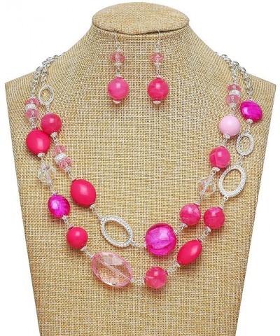 Women's Beaded 2 Layer Strand Statement Necklace with Earrings Collar Jewelry Set (N0003) Fuchsia $11.20 Necklaces