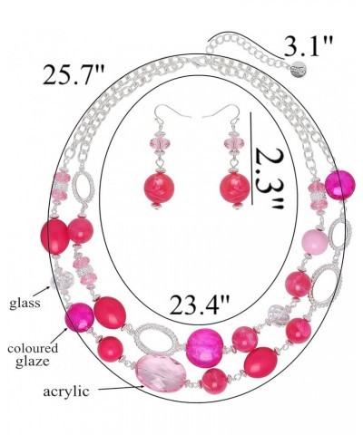 Women's Beaded 2 Layer Strand Statement Necklace with Earrings Collar Jewelry Set (N0003) Fuchsia $11.20 Necklaces