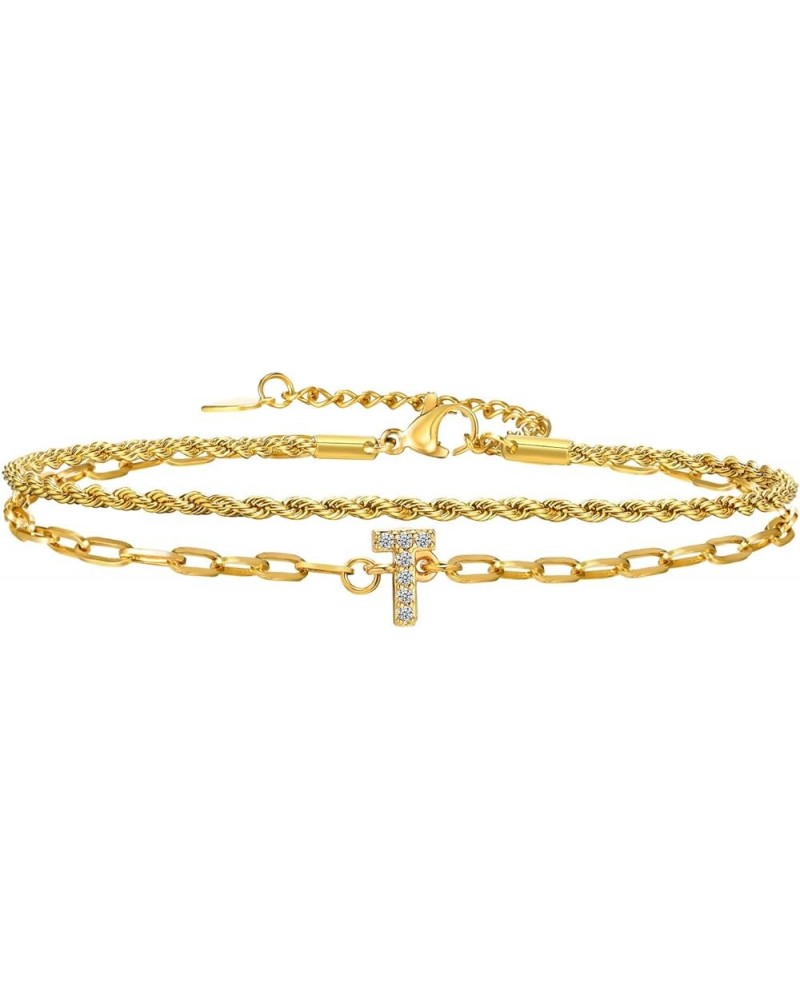 Gold Initial Bracelets for Women - 14K Gold Plated Layered Initial Bracelet Bangle,Adjustable Dainty Letter A-Z Chain Trendy ...