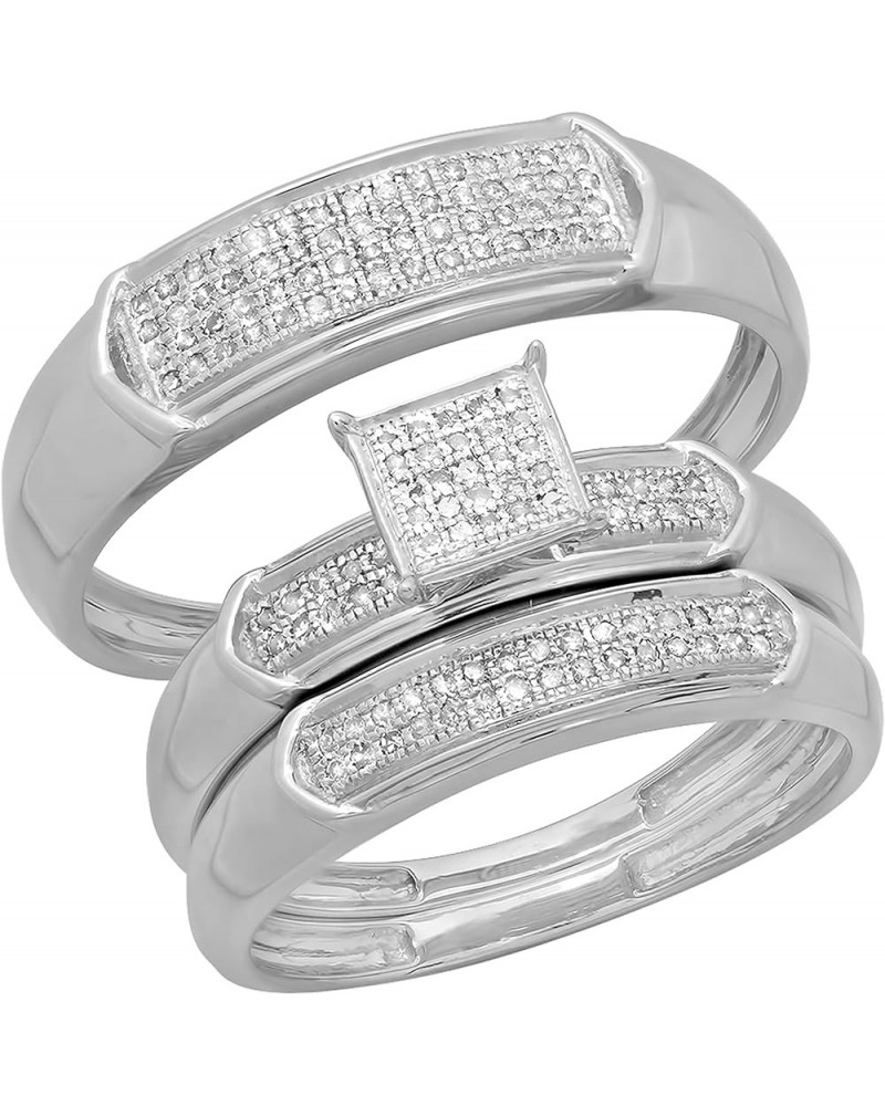 0.30 Carat (ctw) Round White Diamond Men & Women's Micro Pave Trio Bridal Wedding Set 1/3 CT, 14K White Gold womens size 6 & ...