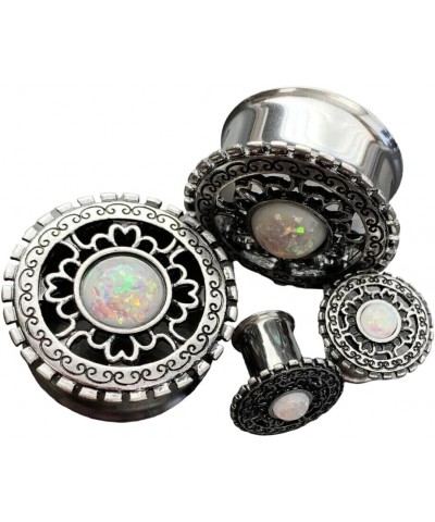 PAIR of Antique Silver Shield with Opal Center Double Flare Steel Tunnels Plugs 7/8" (22mm) $13.16 Body Jewelry