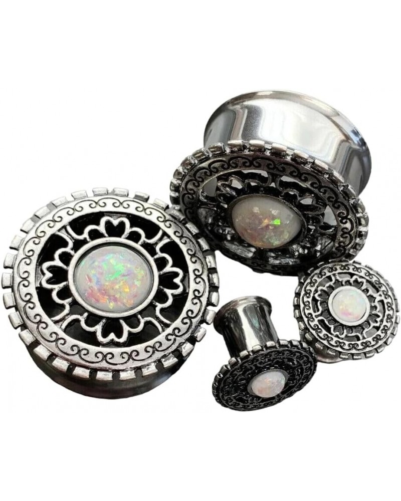 PAIR of Antique Silver Shield with Opal Center Double Flare Steel Tunnels Plugs 7/8" (22mm) $13.16 Body Jewelry