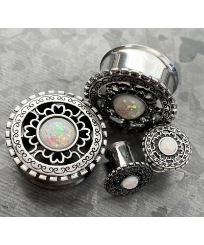 PAIR of Antique Silver Shield with Opal Center Double Flare Steel Tunnels Plugs 7/8" (22mm) $13.16 Body Jewelry