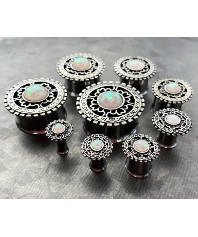 PAIR of Antique Silver Shield with Opal Center Double Flare Steel Tunnels Plugs 7/8" (22mm) $13.16 Body Jewelry