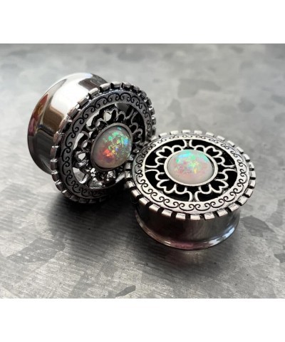 PAIR of Antique Silver Shield with Opal Center Double Flare Steel Tunnels Plugs 7/8" (22mm) $13.16 Body Jewelry