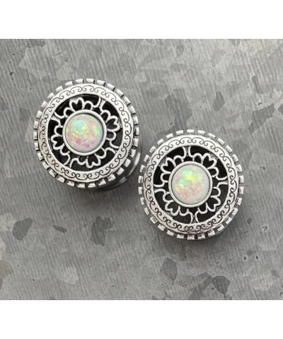 PAIR of Antique Silver Shield with Opal Center Double Flare Steel Tunnels Plugs 7/8" (22mm) $13.16 Body Jewelry