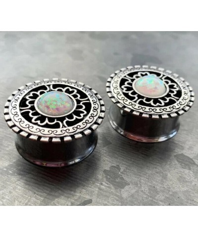 PAIR of Antique Silver Shield with Opal Center Double Flare Steel Tunnels Plugs 7/8" (22mm) $13.16 Body Jewelry