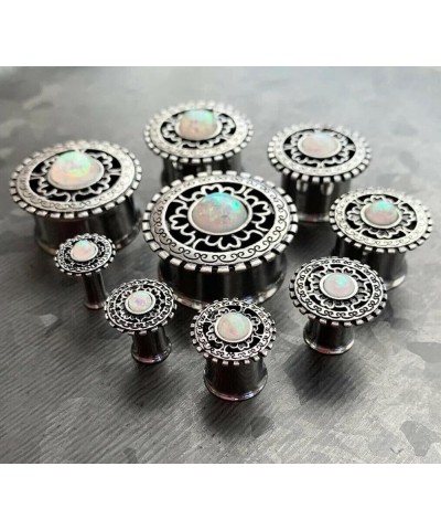 PAIR of Antique Silver Shield with Opal Center Double Flare Steel Tunnels Plugs 7/8" (22mm) $13.16 Body Jewelry