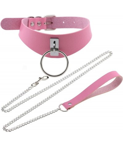 Punk Hauling Chain PU Leather Collar Metal Ring Choker Gothic Necklace NightClub Goth Leash Belts Adjustable Size Pink $9.93 ...