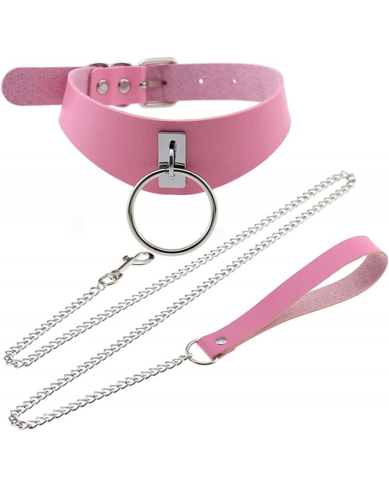 Punk Hauling Chain PU Leather Collar Metal Ring Choker Gothic Necklace NightClub Goth Leash Belts Adjustable Size Pink $9.93 ...