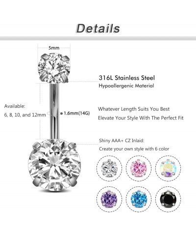 14G Belly Button Ring Surgical Stainless Steel Round Cubic Zirconia Navel Barbell Belly Rings For Women 6/8/10/12mm 1PC Purpl...