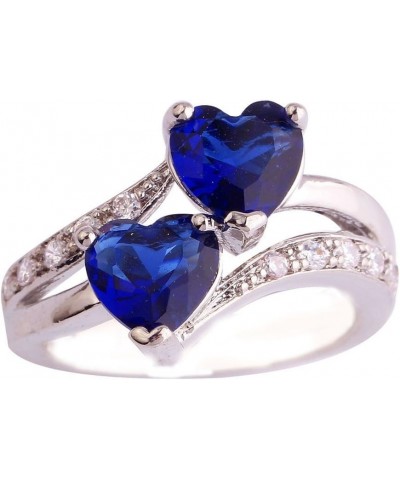 925 Silver Plated Ring Double Heart Rainbow Topaz Romantic Twist Proposal Wedding Engagement Band Ring US9.5 A_ Royalblue $4....