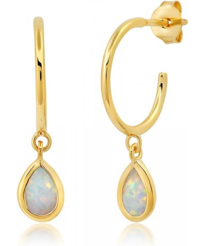 Gemstone Hoop Birthstone Earrings for Women | Real 14k Gold Plated 925 Sterling Silver Earrings – 1" Open Hoops with Teardrop...