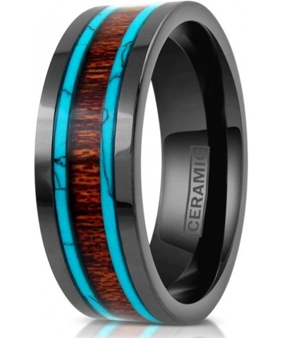 Beautiful Ultra-Light Hi-Tech 6mm/8mm Gunmetal Black Flat Ceramic Band Style Ring w/Koa Wood Inlay Between 2 Blue Turquoise I...