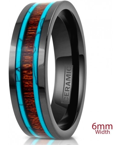 Beautiful Ultra-Light Hi-Tech 6mm/8mm Gunmetal Black Flat Ceramic Band Style Ring w/Koa Wood Inlay Between 2 Blue Turquoise I...