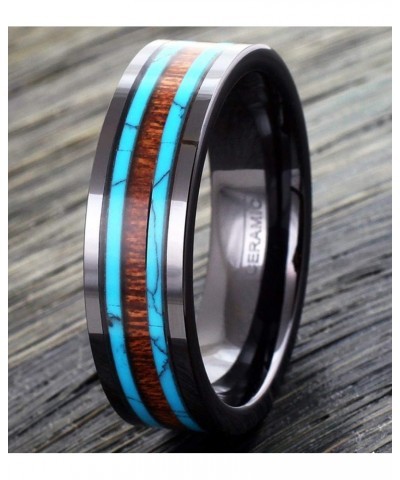 Beautiful Ultra-Light Hi-Tech 6mm/8mm Gunmetal Black Flat Ceramic Band Style Ring w/Koa Wood Inlay Between 2 Blue Turquoise I...