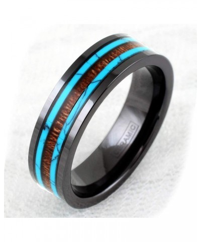 Beautiful Ultra-Light Hi-Tech 6mm/8mm Gunmetal Black Flat Ceramic Band Style Ring w/Koa Wood Inlay Between 2 Blue Turquoise I...