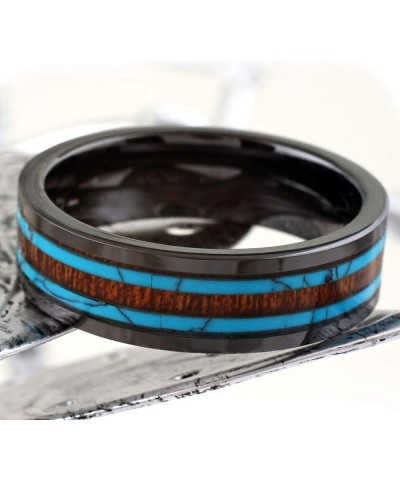 Beautiful Ultra-Light Hi-Tech 6mm/8mm Gunmetal Black Flat Ceramic Band Style Ring w/Koa Wood Inlay Between 2 Blue Turquoise I...