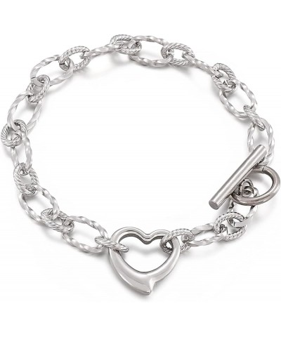 Stainless Steel Chunky Chain Heart Link Bracelet with Toggle Clasp Womens Jewelry Accessories Silver $11.87 Bracelets