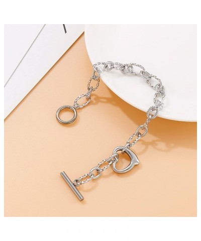 Stainless Steel Chunky Chain Heart Link Bracelet with Toggle Clasp Womens Jewelry Accessories Silver $11.87 Bracelets