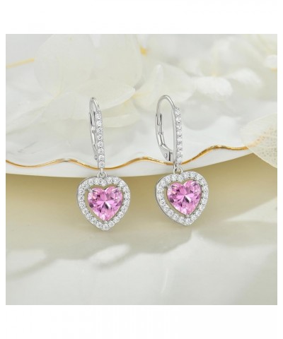 Heart Earrings 925 Sterling Silver Leverback Earrings Birthstone Earrings Jewelry Gift 10-pink tourmaline-Oct $30.10 Earrings