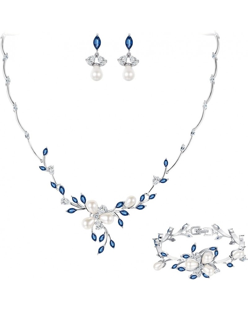 Marquise CZ Simulated Pearl Bridal Flower Leaf Filigree Necklace Earrings Bracelet Set Earring+Necklace+Bracelet_Sapphire Blu...