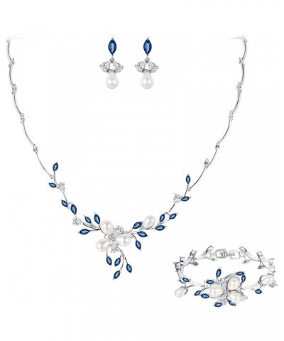 Marquise CZ Simulated Pearl Bridal Flower Leaf Filigree Necklace Earrings Bracelet Set Earring+Necklace+Bracelet_Sapphire Blu...