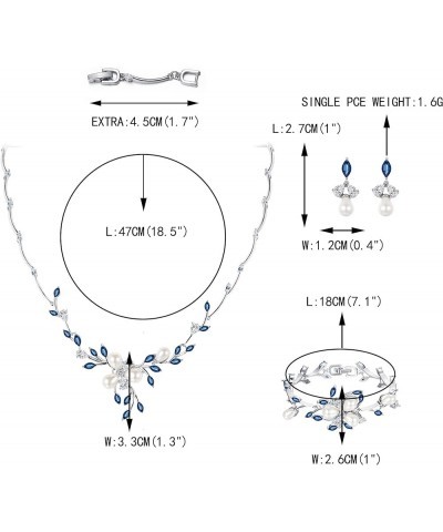 Marquise CZ Simulated Pearl Bridal Flower Leaf Filigree Necklace Earrings Bracelet Set Earring+Necklace+Bracelet_Sapphire Blu...