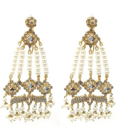 Indian Pakistani Gold and Silver Plated Zircon Pearl Jhumka Chandbala Dangle Chandelier Earrings with Hair Chains - Bridal Pa...