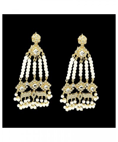 Indian Pakistani Gold and Silver Plated Zircon Pearl Jhumka Chandbala Dangle Chandelier Earrings with Hair Chains - Bridal Pa...