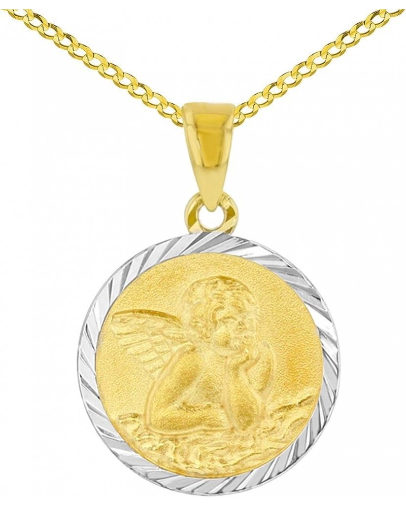 14k Yellow Gold Round Baptism Charm Guardian Angel Textured Medallion Pendant Cuban Chain Necklace 20.0 Inches $142.00 Necklaces