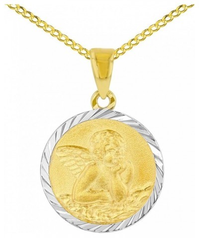 14k Yellow Gold Round Baptism Charm Guardian Angel Textured Medallion Pendant Cuban Chain Necklace 20.0 Inches $142.00 Necklaces