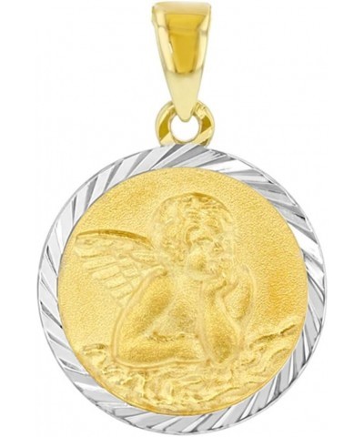 14k Yellow Gold Round Baptism Charm Guardian Angel Textured Medallion Pendant Cuban Chain Necklace 20.0 Inches $142.00 Necklaces