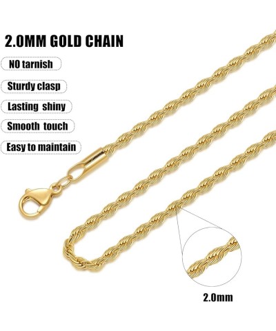 Gold Plated Rope Chain for Men, 18K Gold Plated Mens Chain Necklace, Stainless Steel Chain Necklacefor Men Women and Boys 2mm...