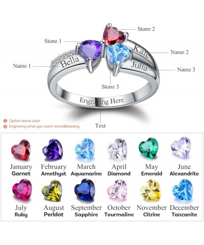 Personalized Mother Rings 925 Sterling Silver 14K Gold Plated Gem rings Customized with 3 Heart Birthstones 3 Names and 1 Eng...