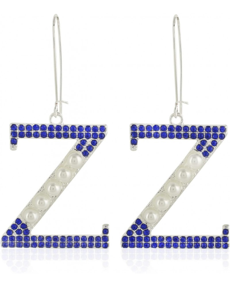 Zeta Phi Beta Faux Pearl and Blue Crystal Dangle Earrings Blue White Silver 2.25x1.125 inches D9D01 0 $8.92 Earrings