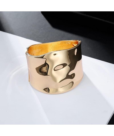 Chunky Gold Tone Wide-Edge Metal Cuff Bracelet Bangle Wrist Cuffs Grooved Polished Opening Wrap Hinge for Women Girls Minimal...