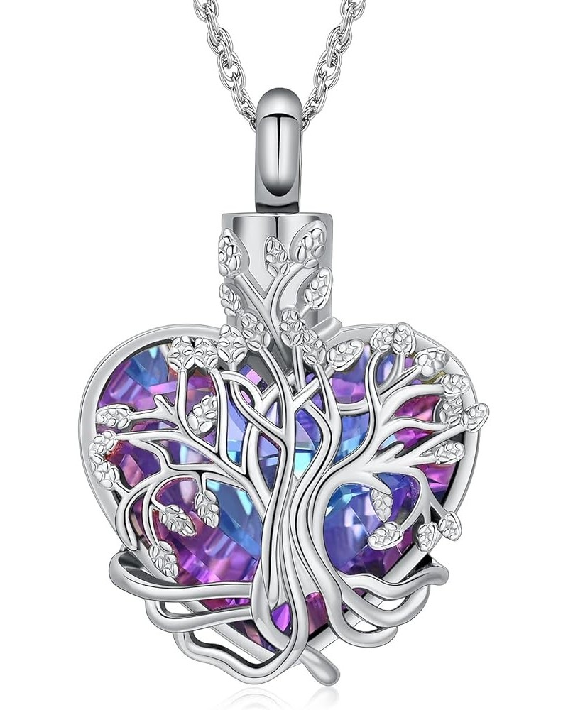 Heart Urn Ashes Necklace for Women Tree of Life Cremation Crystals Ash Pendant Loved One Memorial Jewelry Silver-Purple $11.6...