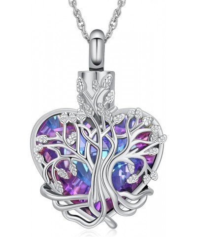 Heart Urn Ashes Necklace for Women Tree of Life Cremation Crystals Ash Pendant Loved One Memorial Jewelry Silver-Purple $11.6...