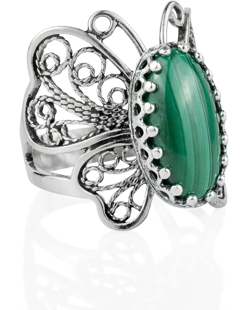 Sterling Silver Filigree Art Butterfly Women Cocktail Ring with Gemstones Malachite $28.59 Rings