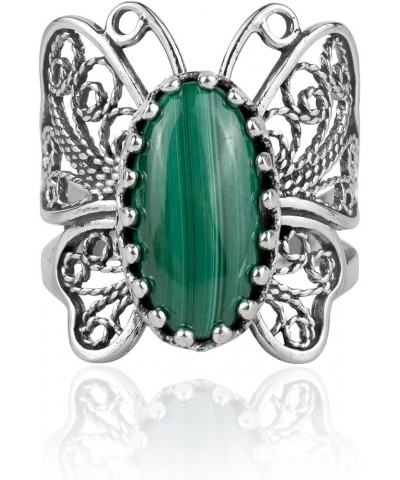 Sterling Silver Filigree Art Butterfly Women Cocktail Ring with Gemstones Malachite $28.59 Rings