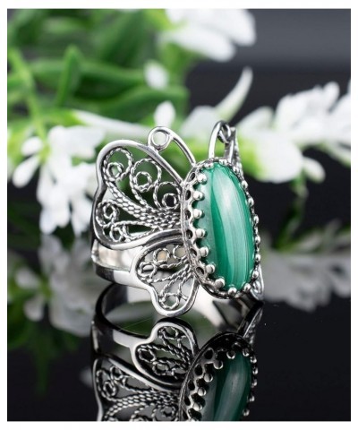 Sterling Silver Filigree Art Butterfly Women Cocktail Ring with Gemstones Malachite $28.59 Rings