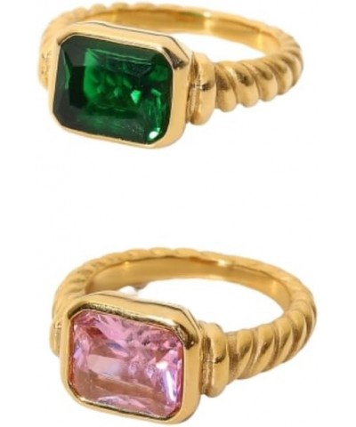 2Pcs Gold Green Emerald Screw Band Rings for Women Stackable Geometric Rhinestone Ring Green&Pink $5.49 Rings