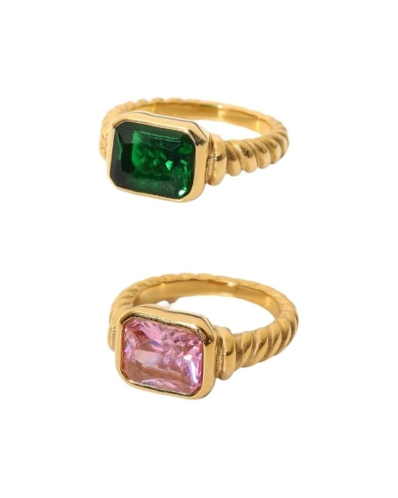 2Pcs Gold Green Emerald Screw Band Rings for Women Stackable Geometric Rhinestone Ring Green&Pink $5.49 Rings