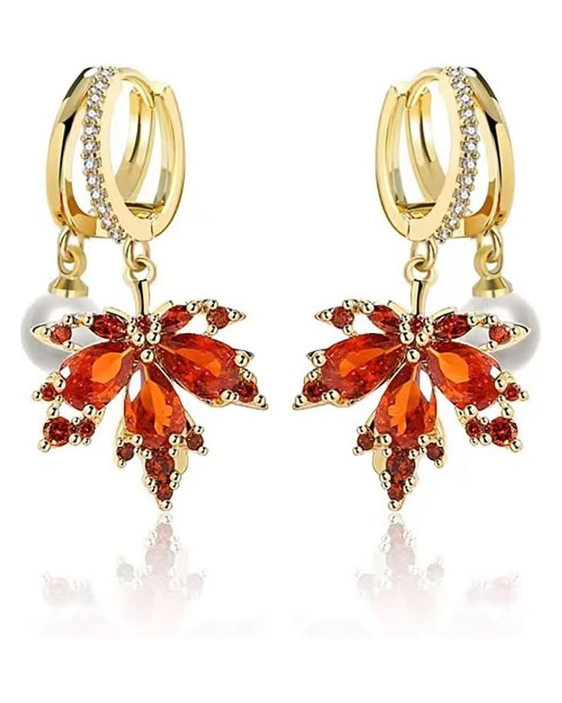 Vintage Red Crystal Zircon Maple Leaf Earrings for Women Teen Girls - Small Gold Hoop Huggie Earrings Trend Elegant Cartage S...