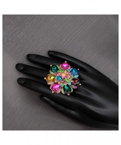 Flower Shape Crystal Cocktail Stretch Ring Party Prom Floral Statement Elastic Ring for Women 2RI255-multicolor-gold tone $10...