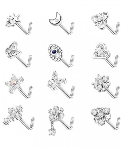 12Pcs 20G Nose Ring Stud L Shape Screw Nose Studs Butterfly Heart Cross Eyil Eye Moon Nose Rings Nose Bone Piercing Nose Stud...